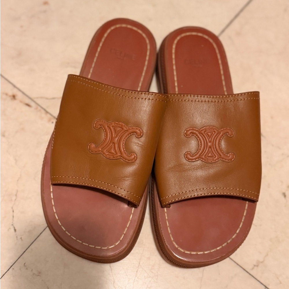 Celine Inspired Tan Leather Slide Sandals
